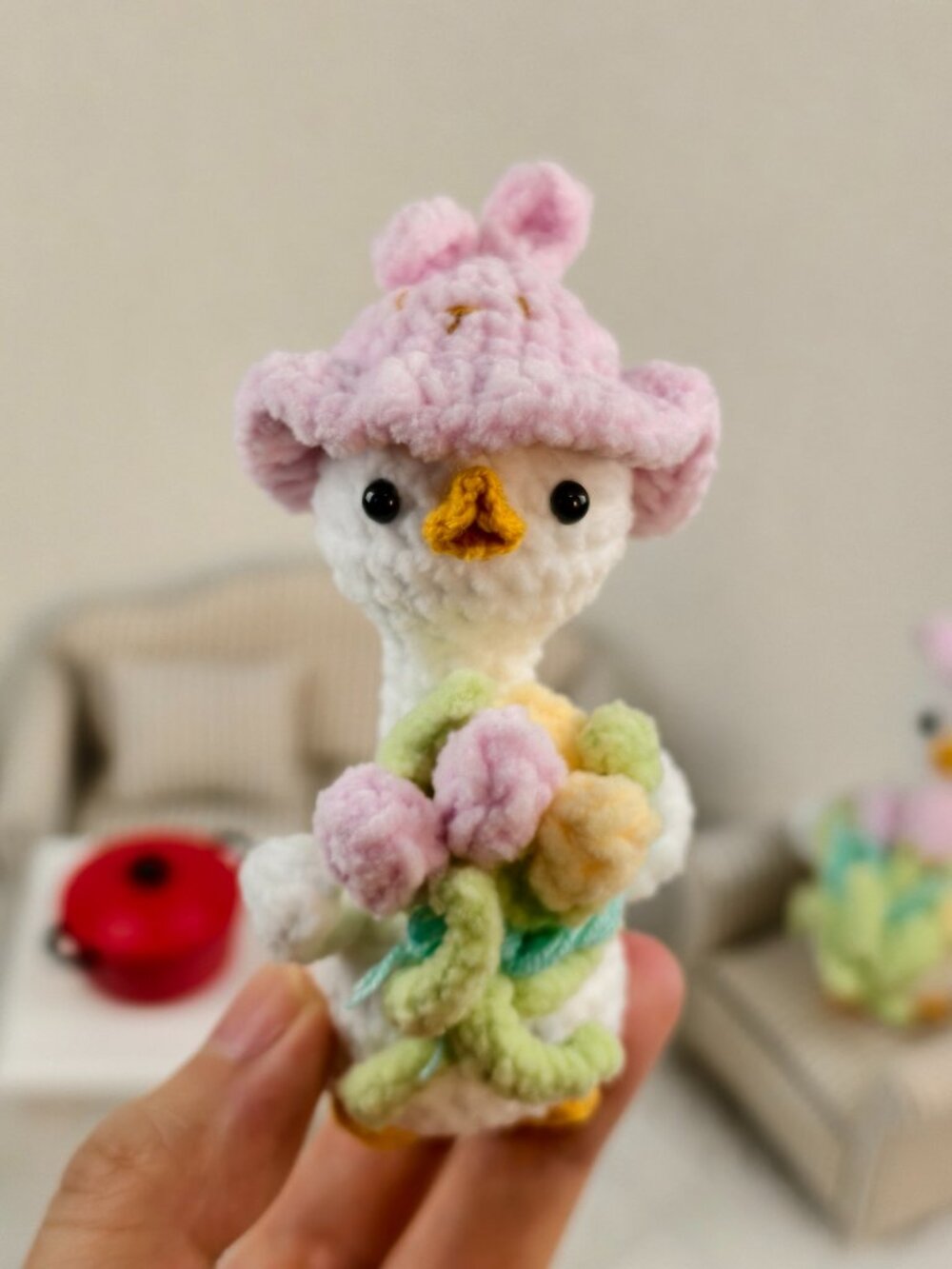 Handmade Amigurumi Crochet Pink Duck Holding Flowers Plushie